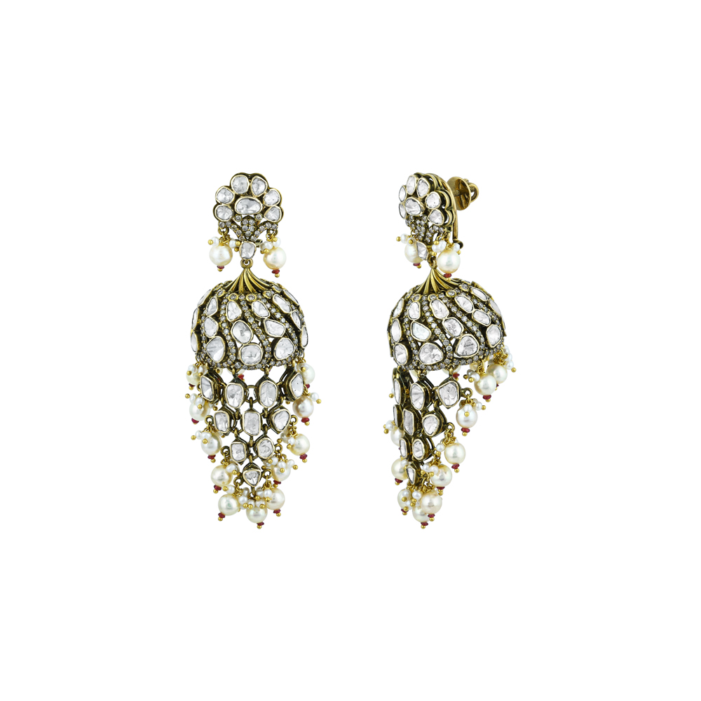 Jhumka Polki Earrings with Pearl Beads and Antique Charm